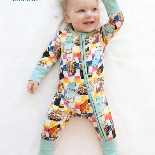 MIOZING Soft Bamboo Fiber Baby Romper, Baby Boy Items, Zip-Up Convertible Footie with 2-Way Zipper, Long Sleeve, Printed Patterns Of French Fries And Beverages, Perfect for Casual Attire, Perfect for Outdoor