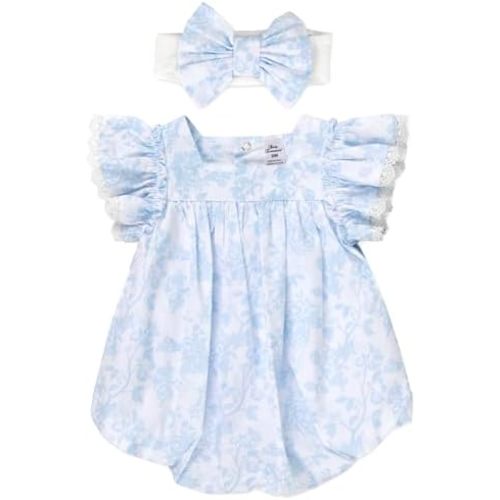 Baby Essentials Baby Girl Romper with Headband, 100% Cotton Infant Outfit for 3 to 9 Months, Spring Summer Baby Clothes