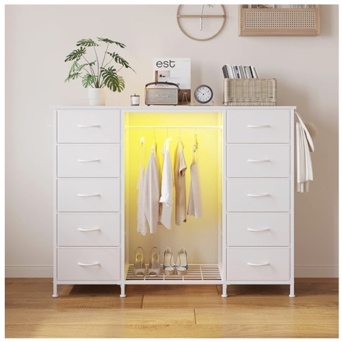 LUMTOK 55" W 2-in-1 Dresser with Hanging Rack, 10 Drawers Dresser for Bedroom, White Drawer Dressers with LED Lights, Charging Station and Hanging Racks for Bedroom