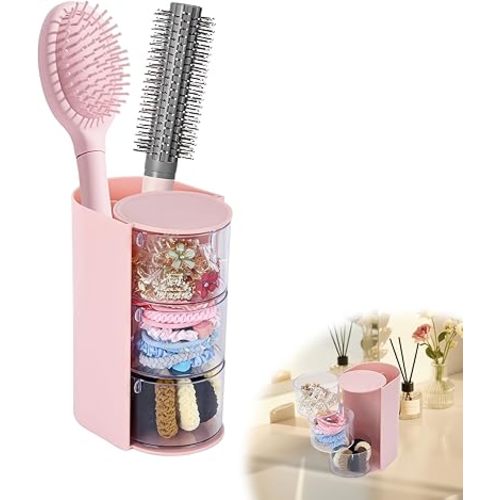 Pink Hair Accessory Organizer, 3-Layer Clear Hair Accessories Organizer Rotatable Small Jewelry Box for Clip Earring Necklaces, The Latest Gift for A Girl.
