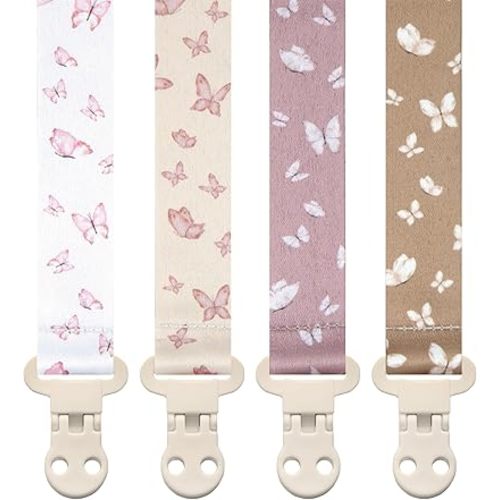 Stadela Baby Pacifier Clip Holder - Girl or Boy Unisex 4 Pack Gift Set – Blush Pink and Beige Butterflies (Anabella)