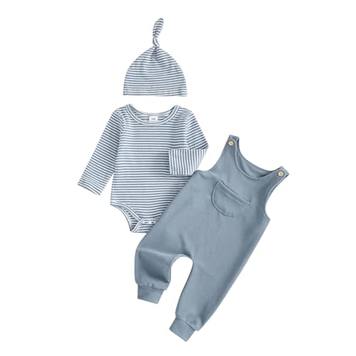 Newborn Baby Boy Clothes Long Sleeve Waffle Striped Romper Overalls Pants Hat 3Pcs Infant Fall Winter Spring Outfits