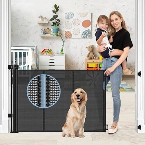 Reinforced Retractable Baby Gates with Support Rods, Extends up to 55” Wide, Retractable Dog Gate for Doorways Prevent Bottom Crawling Through, Mesh Pet Gate for Stairs Indoor Outdoor, Black
