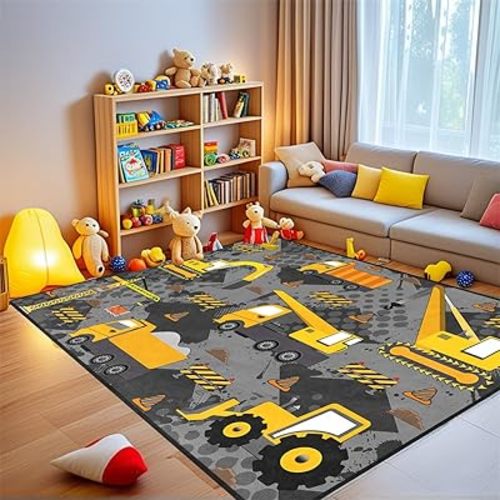 CAFCIOYG Construction Rugs for Boys Room Play Mat for Cars and Trucks PlayMat Kids Rugs for Playroom Car Carpet for Kids Room Construction Decor for Boys Room,Grey 5'×7'
