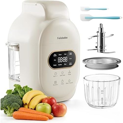 Felizbebe Glass Baby Food Maker,Baby Food Steamer and Blender,Baby Food Processor and Steamer Puree Blender Grinder Mills Machine with 6 Stainless Steel Blades,Auto Cooking,Self Clean,Timer,BPA-Free