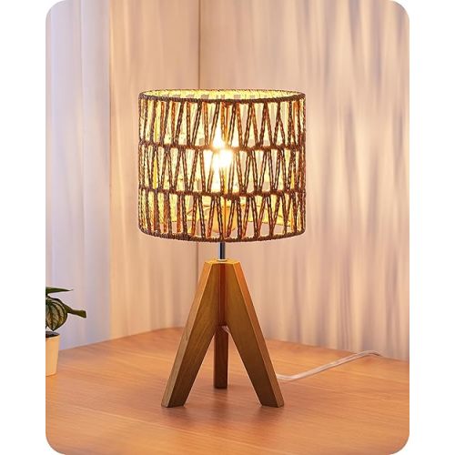 EDISHINE Small Table Lamp, Rattan Wood Tripod Bedside Lamp, Boho Nightstand Lamp for Living Room, End Table, Office, E26 Base, Natural Style