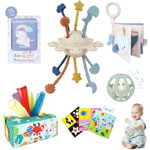 TYRY.HU Baby Gift Set,Montessori Learning Toys Set- Silicone Sensory Toys,Baby Teether Ball with Rattle,Soft Baby Book with Teether Ring & Crinkle Paper,Baby Tissue Box Toy,Milestone Cards,5 PCS