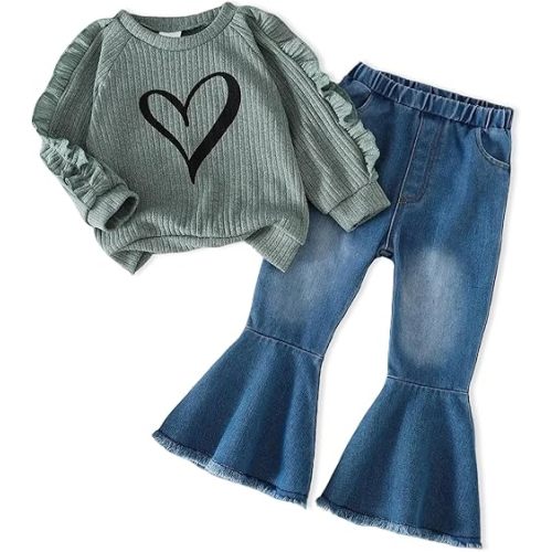 12-18 months - Toddler Baby Girls Clothes Infant Fall Outfit Winter Sweatshirt Top Flare Pants Jeans Denim Cute Little Clothing Set