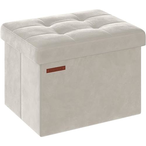 SONGMICS Storage Ottoman, Foldable Small Ottoman Foot Rest, 12.2 x 16.1 Inches Foot Stool, Ottoman with Storage, Load up to 286 lb, for Living Room, Bedroom, Dorm, Cream White ULSF200W01