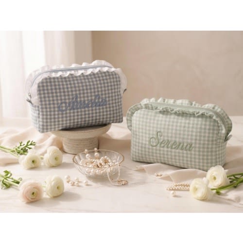 Personalized Gingham Ruffle Cosmetic Bag, Custom Name Bridesmaid Gift, Bridal Makeup Bag, Wedding Travel Pouch