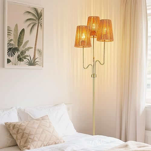 MAYNA Bohemian Floor Lamp, 68 in. Rattan Floor Lamp with Rattan Shade, 3-Light Tree-Shaped Stand Lamp for Bedroom, Nursery, E26 Socket, Living Room(Gold)