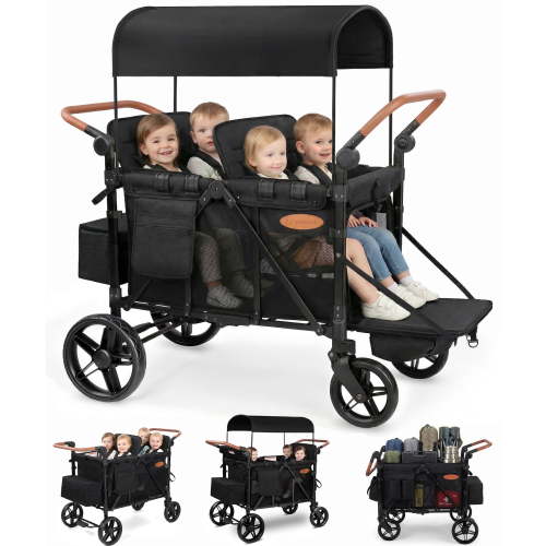 Vomeast Upgrade Wagon Stroller for 4 Kids, 4-Seater Outdoor Baby Stroller Wagon with Canopy, 5-Point Harness, Adjustable Handle(Black)