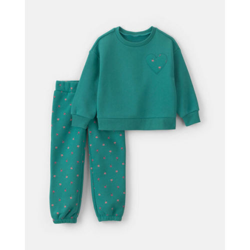 Toddler Girl 2-Piece Heart & Floral Fleece Long-Sleeve Top & Pant Set - Green | Carter's