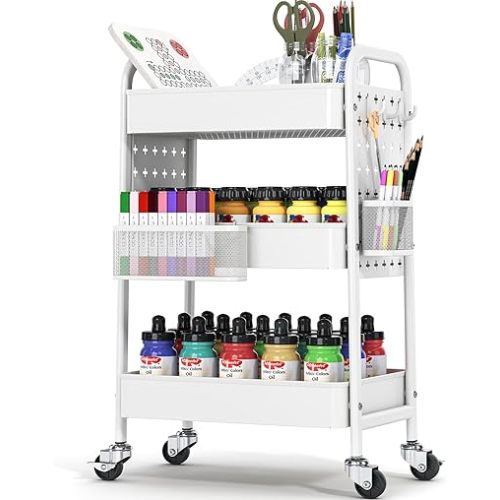 TOOLF Metal Rolling Storage Cart, 3-Tier Utility Mobile Cart with DIY Pegboards, Serving Trolley Cart with Baskets Hooks, for Kitchen, Bathroom, Office, Home, Classroom (Light White)