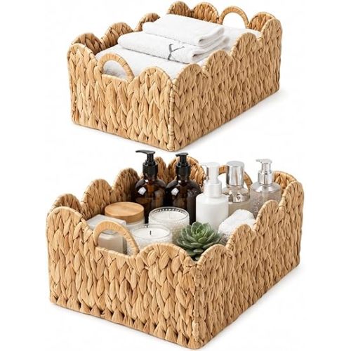 Scalloped Edge Wicker Basket, Hand-woven Rattan Storage Baskets with Built-in Handles, Water Hyacinth Basket for Organizing and Decor, 2 Pack (15" L x 11" W x 7" H)