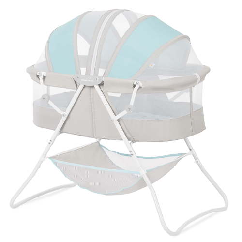 Dream On Me Karley Bassinet in Blue and Grey, Quick Fold and Easy to Carry, Large Storage Basket