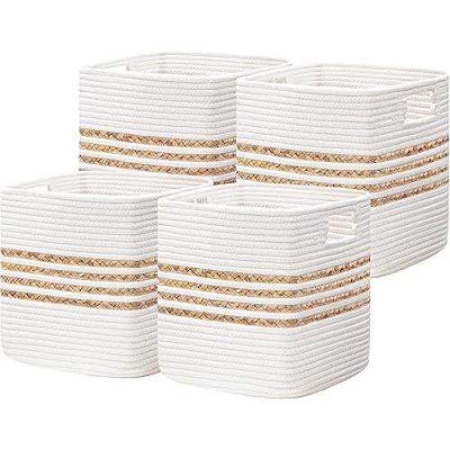 UBBCARE Set of 4 Storage Cubes 11 X 10.5 X 10.5 in, Water Hyacinth Storage Bins for Shelves, Toys, Book, Storage Baskets with Handles, Cotton Rope Woven Baskets for Organizing, White