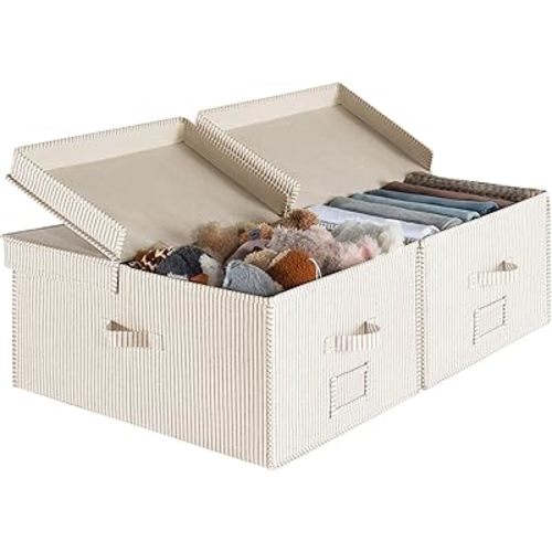 StorageWorks Extra Large Storage Bins with Lids, 55L Decorative Organizer with Divider Board, Fabric Boxes with Handles, Khaki and Beige Stripes, 2-Pack