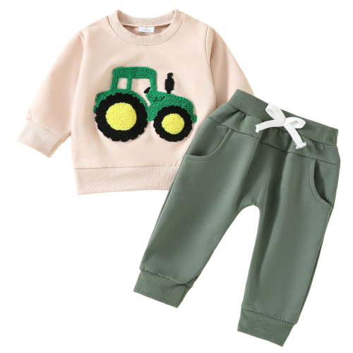 Ulanda Toddler Baby Boys Fall Clothes Long Sleeve Shirts Top and Pants Farm Tractor Outfits Winter Clothing Sets (Beige, 2-3 Years)