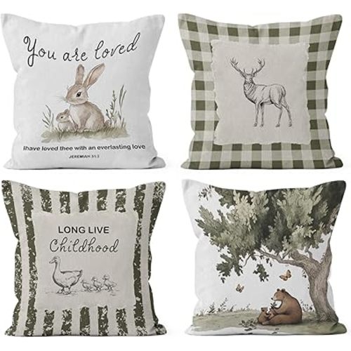 HIWX Boho Christian Nursery Pillow Covers 18x18 Set of 4, Woodland Nursery Decor, You are Loved Woodland Bunny Deer Duck Bear Decorative Pillow Covers for Kids Toddler Room Bedroom Home Decor
