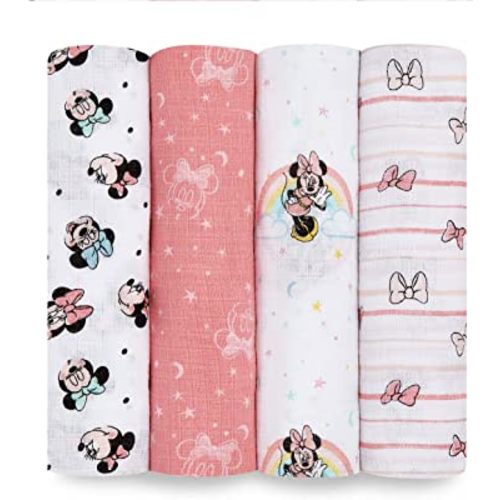 aden + anais Aden Swaddle Blanket, Muslin Blankets for Girls & Boys, Baby Receiving Swaddles, Ideal Newborn Gifts, Unisex Infant Shower Items, Wearable Swaddling Set, 4 Pk, Minnie Mouse Rainbows
