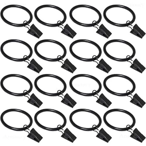16 Pack Curtain Rings with Clips, Window Clip Rings Black Curtain Hooks Hangers Clip Rings for Hanging Drapery Drapes Bows, Small 1.26 Inch in Diameter, Fits up to 1" Rod