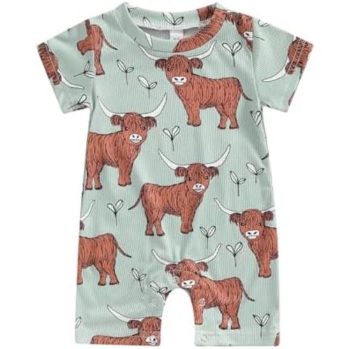 Lesimsam Newborn Baby Boy Girl Western Clothes Cow Print Romper Jumpsuit Short Sleeve One Piece Bodysuit Cute Summer Outfit
