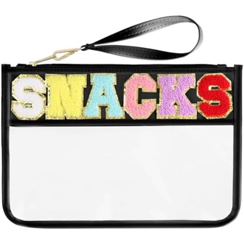Snack Bags Pouch Travel Makeup Bag Chenille Letter Patch - Waterproof Nylon Clear Cosmetic Bag/Tote Bag/Makeup Travel Bag/for Women Girls (Snack-Black)
