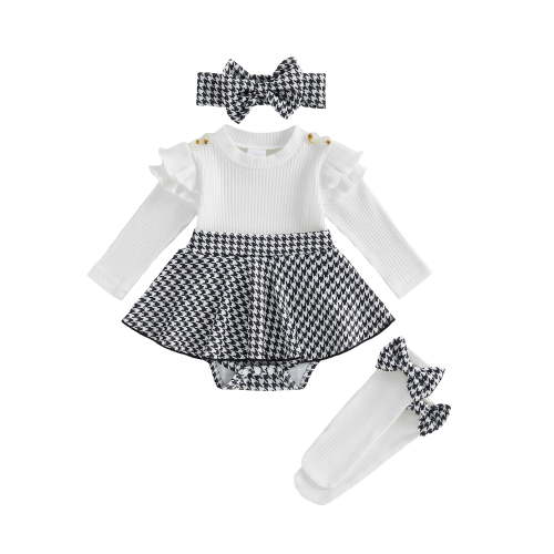 Loicainy Baby Girl Houndstooth 3-Piece Outfit 3 6 12 18M Comfortable Ribbed Ruffled Sleeves Headband Socks Set