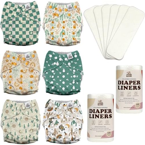 Mama Koala 3.0 Baby Cloth Diapers with 6 Inserts Bundle, with 2 Rolls Disposable Natural Liners