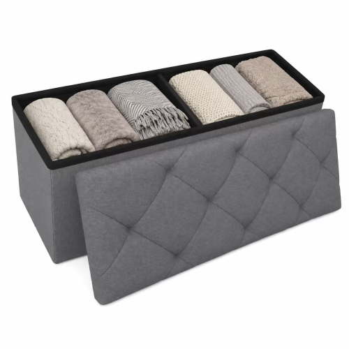 Folding Storage Ottoman Bench, 43 Inch Gray Fabric Storage Bench with Cushion Lid, Foot Rest Stool for Bedroom Entryway & Living Room