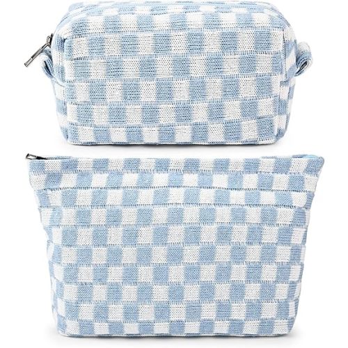 2 Pieces Makeup Bag Large Checkered Cosmetic Bag Capacity Canvas Mix Travel Toiletry Bag Organizer Cute Makeup Brushes Aesthetic Accessories Storage Bag for Women, Checkered Mix Blue