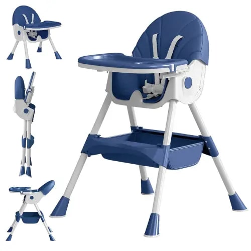 Baby High Chair, 5 in 1 High Chairs for Babies and Toddlers, Travel Foldable High Chair with Foot Rest, Detachable PU Cushion, Double Removable Tray, Adjustable Height & Recline, Locking Wheels