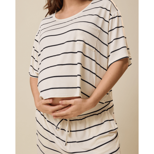 Aria Bamboo Casual Cropped Short Sleeve Top | White & Black Stripe - Kindred Bravely