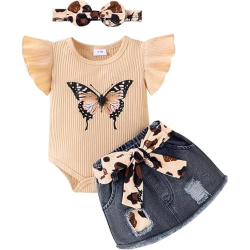 Baby Girl Clothes Ruffle Romper Denim Skirt Bow Headband 3PCS 0-18M | Soft Breathable Romper Set Offering All-Day Comfort, Butterfly Print, Denim Skirt, Bow Headband, Daily Wear, Machine Washable