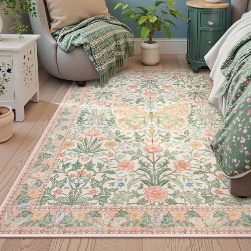 Collive Pink 5x7 Butterfly Area Rug, Vintage Floral Rug for Girls Bedroom Washable Non Slip, Soft Ultra Thin Boho Insect Carpet for Living Room Nursery Kids Room Playroom