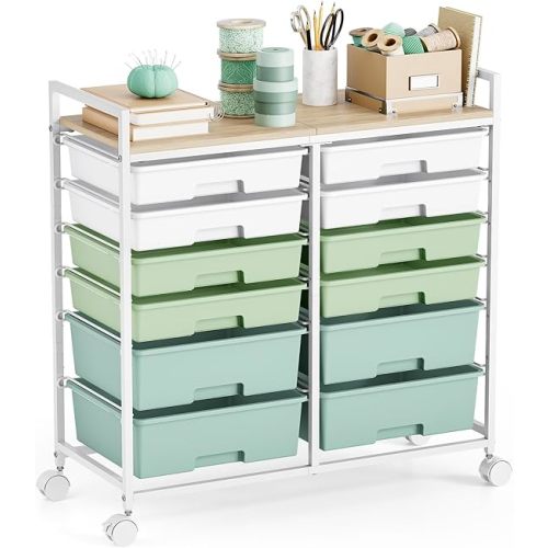 Rolling Storage Cart with 12 Drawers, Wooden top, closet organization (Green)