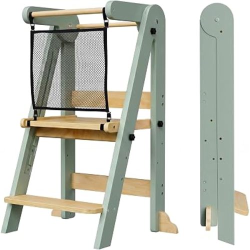 ROOMTEC Foldable Toddler Kitchen Tower, 3 Adjustable Height Wooden Step Stool, Toddler Standing Tower with Safety Net (Green)