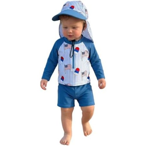 Hnyenmcko Toddler Baby Boys Swim Set Long Sleeve Rashguard Swimsuit Shirt Trunks Infant Bathing Suit Swimwear with Hat