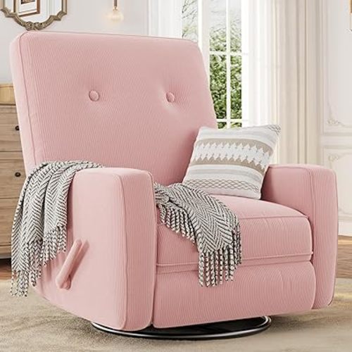 GarveeHome Recliner Chairs, Swivel Rocker Recliner, Glider Recliner Nursery Chair for Adults, 360° Swivel Glider Rocking Chair for Living Room, Bedroom, Office, RV, Small Spaces, Corduroy, Pink