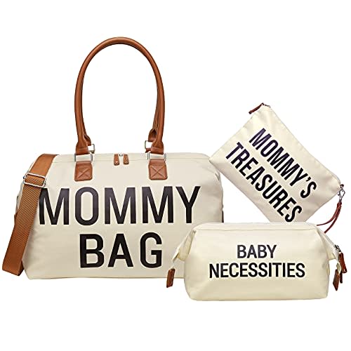 Diaper Bag Tote, Printe Mommy Bag for Hospital, Large Capacity Waterproof Baby Bag for Mom Travel, Hospital Bag for Labor and Delivery with Baby Necessities Bag, Creamy White