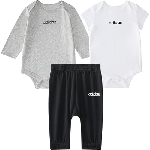 adidas baby-boys 3-piece Linear Logo Heather Bodyshirt & Pant Set