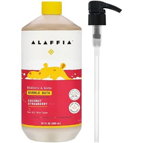 Alaffia Babies & Kids Bubble Bath, Coconut Strawberry, Pump Included – Gentle Cleanser with Raw Shea Butter and Hibiscus, 32 Fl Oz