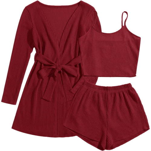 Womens 3 Piece Waffle Knit Lounge Set Soft Pajama Sets Tank Top and Shorts Loungewear Long Cardigan with pocket S-XL