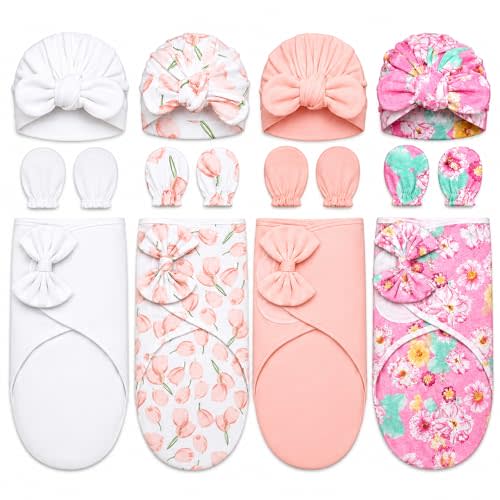 Ramede 4 Pack Baby Swaddle Blanket with Hats & Mittens, Preemie Swaddle Set for Baby Adjustable Infant Outfit for 0-3 Months