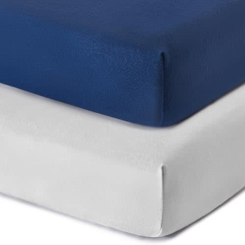 TILLYOU Mini Crib Fitted Sheets 2 Pack - Soft Jersey Knit Microfiber Playpen Bedding Sheet for Baby, Portable Mini Pack n Play Sheet, Machine Washable, 38'' x 24'',Light Gray & Navy Blue