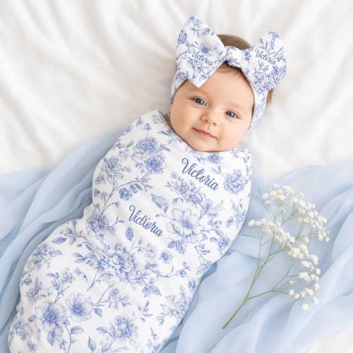 Personalized Blue Toile Girl Swaddle Set, Rose Swaddle Set – Baby Shower Gift, Photo Prop, Newborn Keepsake, Coquette Nursery Decor