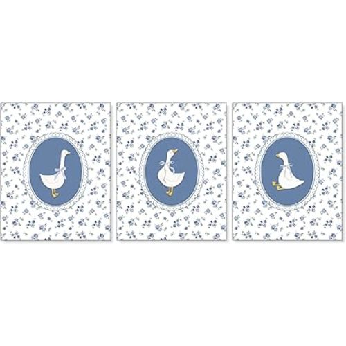 Pleonox Blue Floral Silly Goose Nursery Wall Art Prints 8x10 Inch Set of 3, Goose Blue Cottagecore Floral Botanical Pictures Wall Decor for Baby Girl Nursery Room Bedroom Dorm Apartment, Unframed