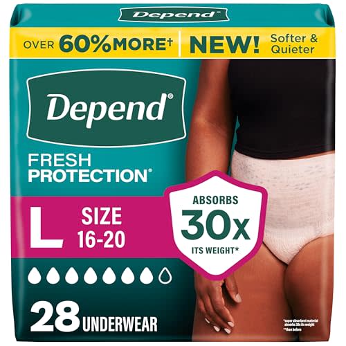 Depend Fresh Protection Adult Diapers, Incontinence Underwear for Women, Disposable, Maximum, Large, Blush, 28 Count, Packaging May Vary