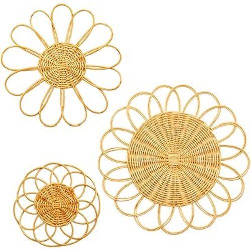 Weysat Sunflower Boho Wicker Wall Decor Baskets Set of 3, 11.81 Inch Round Macrame Wall Hanging, Rattan Rustic Art Country Style for Bathroom Living Room Garden Office Nursery Decor